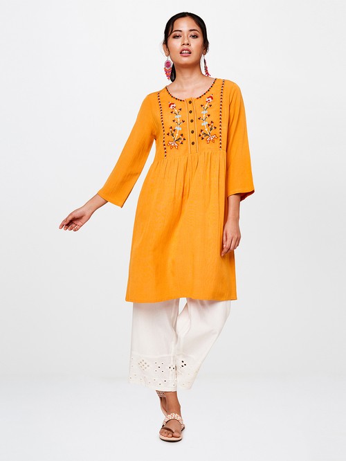 Global Desi Mustard Color Embroidered Tunic01
