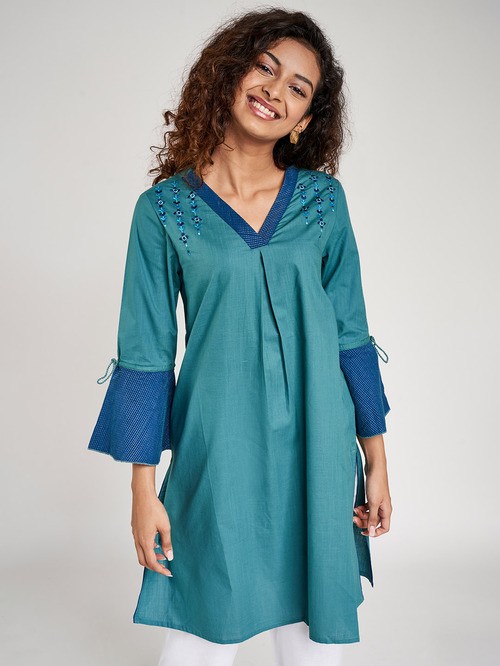 Global Desi Blue Color Embroidered Tunic01