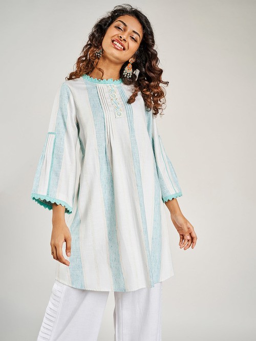 Global Desi Blue White Embroidered Tunic01